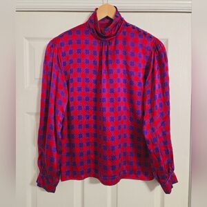 Carlisle Vintage red and purple houndstooth silk blouse mock turtleneck Size 4